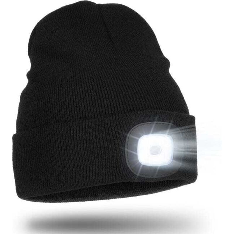 Bonnet unisexe avec lumière, lampe frontale LED mains libres rechargeable par USB, cadeau d'hiver pour homme, papa, mari（noir）