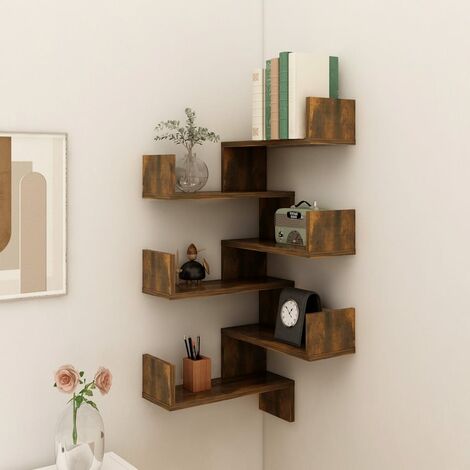 Bonnevie – Lot de 2 étagères d'angle murales – Bois d'ingénierie chêne fumé – Dimensions 40x40x50 cm – Supports muraux stables pour salon - ASD84795