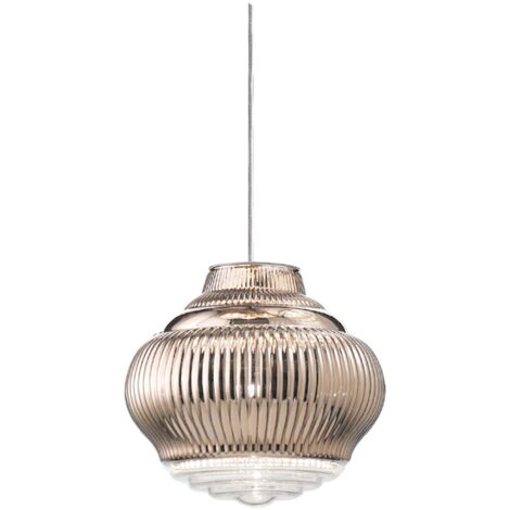 Bonnie Suspension en verre soufflé finition Or Rose, design artisanal avec travail en relief rigadin et structure en métal gris