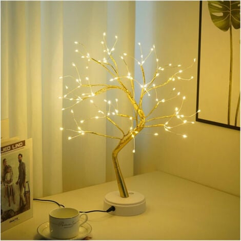 Bonsaï lumineux de table avec 108 LED en fil de cuivre, fonctionne avec piles/USB, lampe d'arbre artificiel pour chambre à coucher, bureau, fête de Noël (blanc chaud – branche dorée),OUYLAF