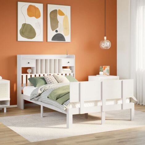 Bookcase Bed without Mattress White 135x190 cm Double Solid Wood Pine vidaXL