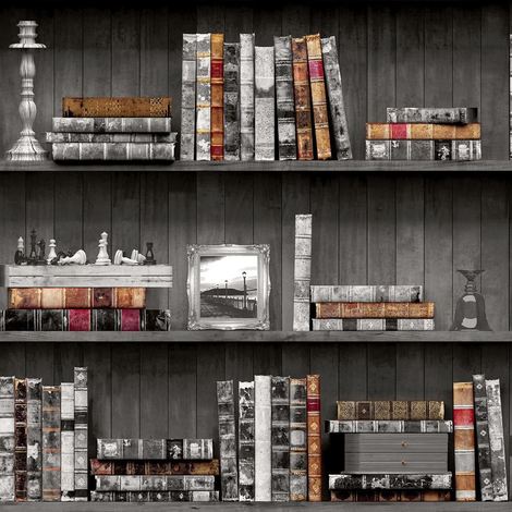 Bookcase Wallpaper Books Vintage Antique Retro Wooden Brown Grey