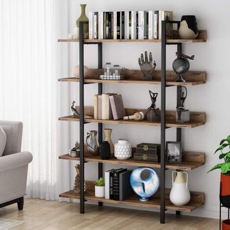 main image of "Bookshelf Bookcase Storage Rack Standing Shelf 5-Tier Industrial Stable Bookcase with Iron Tube Frame for Home, Living Room, Bedroom,Office by Tribesigns(Rustic Brown)"