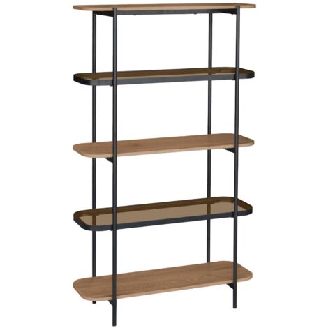 Bookshelf, glass, wood decor and metal, 5 levels, natural, 90x34x155 cm - Smooky