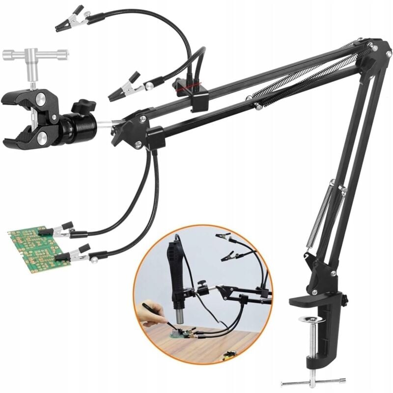 Boom: terzo braccio universale con 4 clip a coccodrillo montate sul piano del tavolo