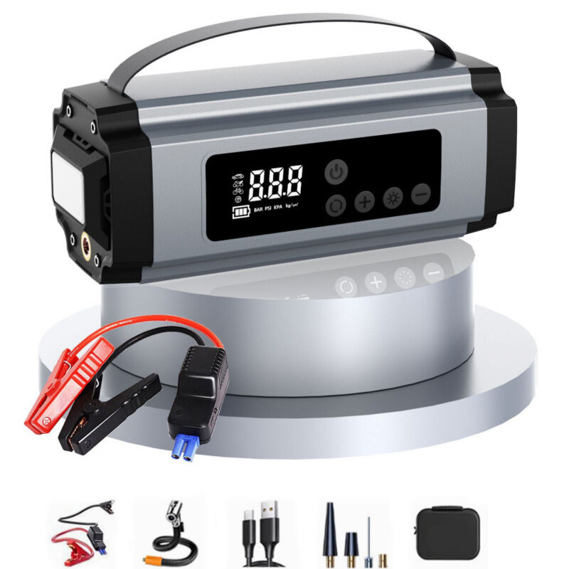 Booster Batterie Voiture avec Gonfleur 150PSI, 6000mA Demarreur Batterie Voiture pour Jusqu’à 8L Gaz ou 5L Diesel, Booster Moto avec Éclairage LED,