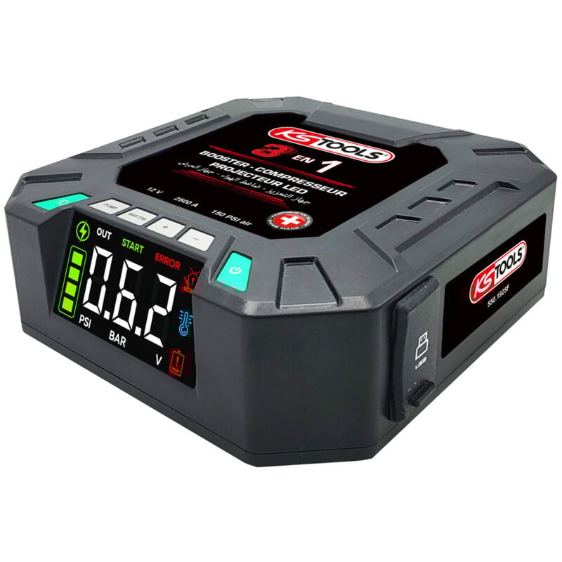 Ks Tools - Booster batterie voiture - gonfleur pneus - projecteur 300 lumens - Booster lithium 3 en 1 - 550.1925F