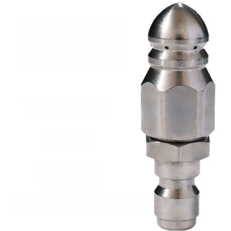 Boquilla desatascadora con 6 boquillas de acero inoxidable, 5000 psi  Conexión rápida de 1/4" (delantera/trasera)  1 boquilla frontal puntiaguda + 6 boquillas traseras  Cabezal macho de 1/4"