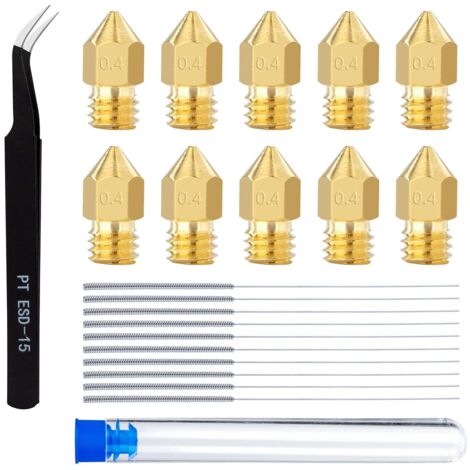 Boquillas de impresora 3D de 0,4 mm, boquilla de latón para extrusora MK8 con pinzas y agujas de limpieza, compatibles con Creality CR-10 Ender 3 5 (22 unidades)
