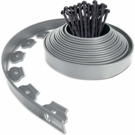 Borde de jardín de plástico, 5 metros, con 15 postes de anclaje, borde de césped flexible, borde de césped con postes macizos, idea de jardín, altura 50 mm, grosor 4 mm, gris