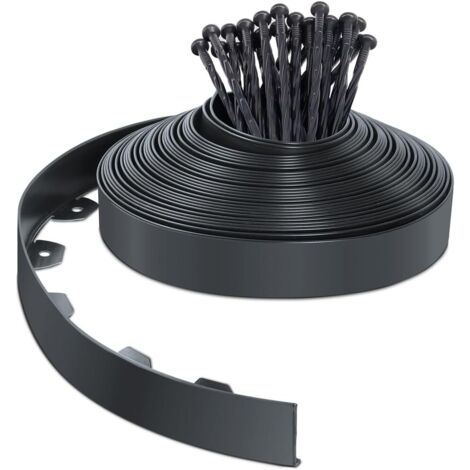 Borde de jardín de plástico de 10 m con 30 estacas de anclaje, borde de césped flexible, borde de césped con estacas resistentes, ideas para el jardín, 50 mm de altura, antracita.