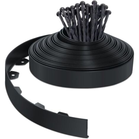 Borde de jardín de plástico de 20 m con 40 estacas, borde flexible para césped, borde de césped con estacas resistentes, Garden Idea, altura 50 mm, negro