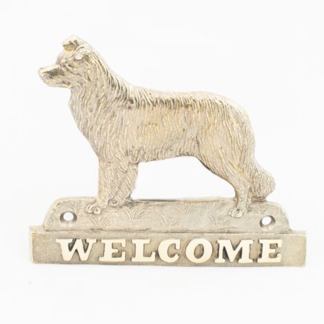 Border Collie: un cartel para la puerta con un perro, una placa de bienvenida de latón, un cartel único con la palabra Bienvenido de Art-Dog
