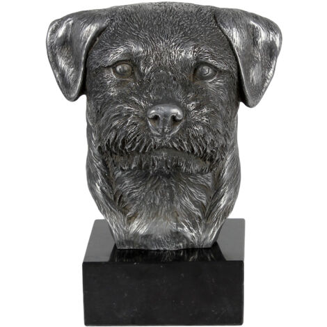 Border Terrier - statuetta su marmo, ricoperta di metallo argentato, fatta a mano, marchio Art-Dog