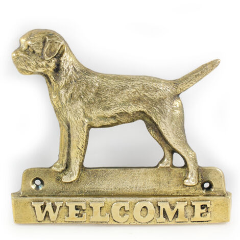 Border Terrier: un cartel para puerta con un perro, una placa de bienvenida de latón, un cartel único con la palabra Bienvenido de Art-Dog