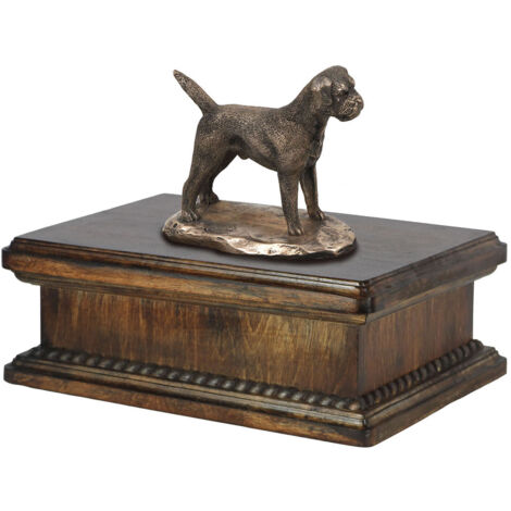 Border Terrier - una urna para cenizas de perro, una urna clásica con una estatuilla, una urna elegante con un perro de Art-Dog