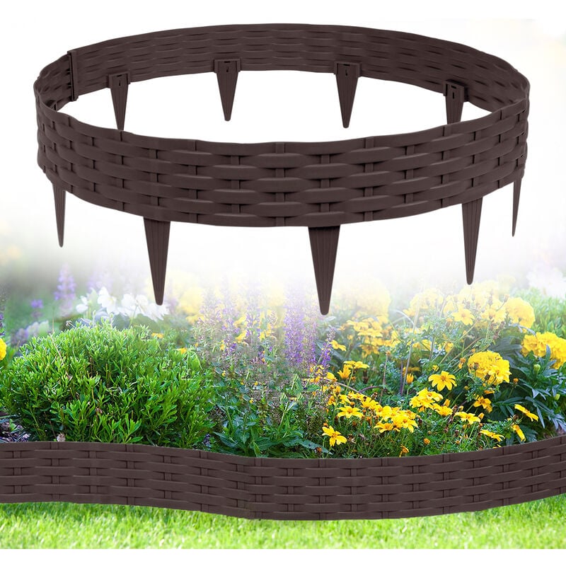 Hengmei - Bordure de jardin 10m Bordure de Jardin Plastique Bordure de Parterre Bordure de Tonte, Aspect Rotin Palissades Clôture de Jardin, Marron