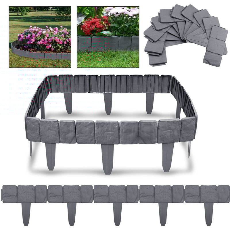 Hengmei - Bordure de jardin 7,5m Barrière Clôture Aspect Pierre Bordure de pelouse 30 pièce bordure en plastique(1 élément 25x23 cm, Anthracite)