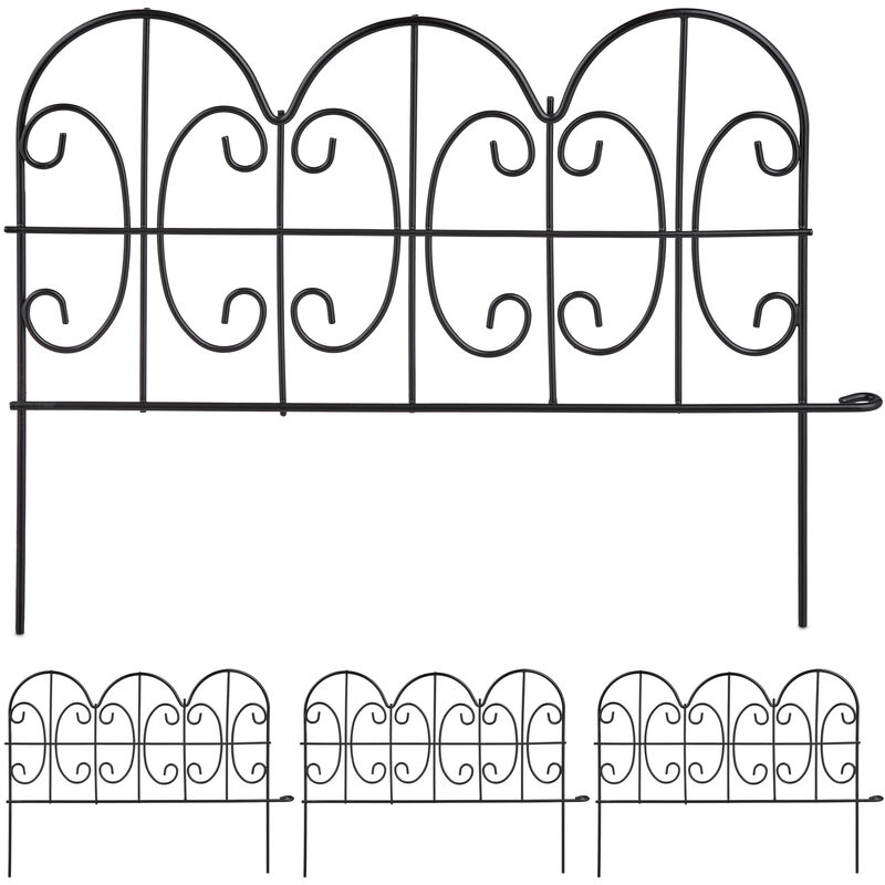 Bordure de jardin à planter, 4 éléments de clôture, HxL : 28,5 x 39 cm, métal, design vintage, robuste, noir - Relaxdays