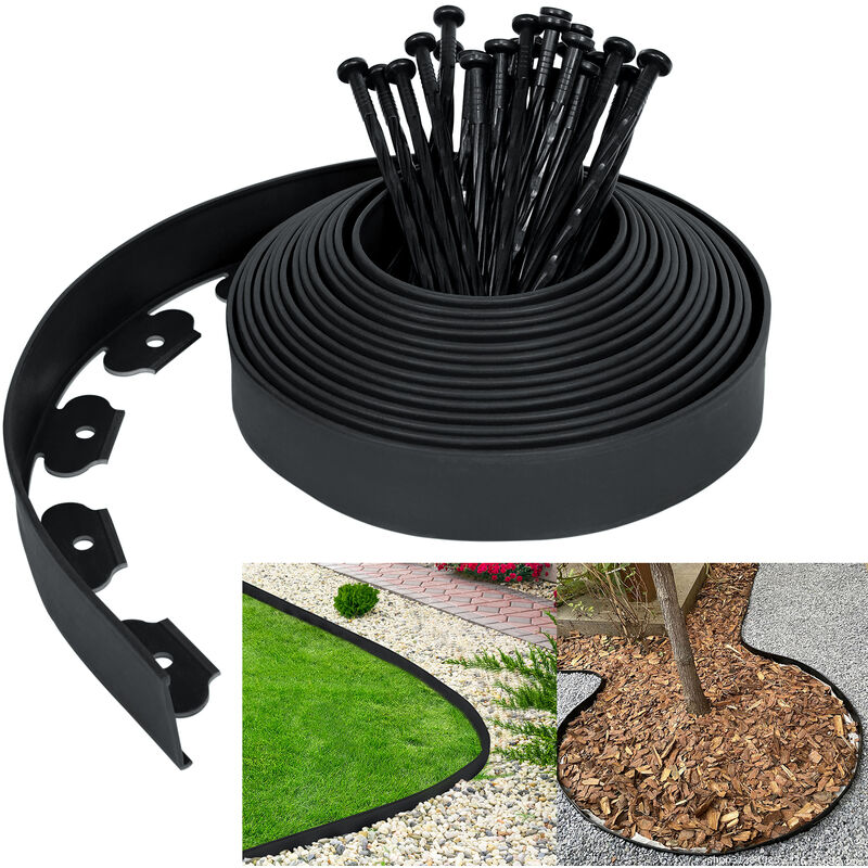 Hengmei - Bordure de jardin Bordure de pelouse en plastique flexible avec 30 clous de fixation Noir 10 m