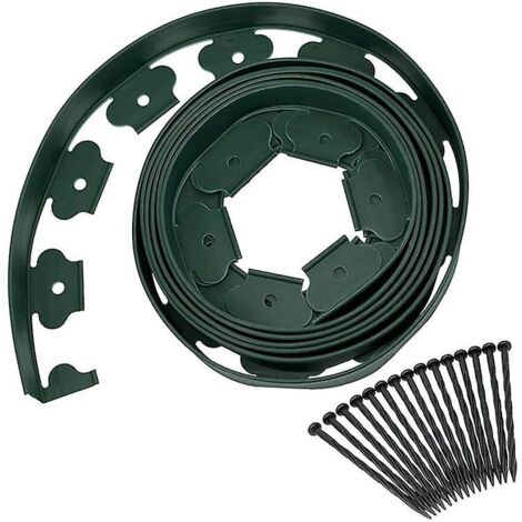 Bordure de jardin en plastique vert de 5 mètres avec 15 piquets d'ancrage - Bordure de pelouse flexible pour des bordures de jardin robustes - Hauteur : 50 mm, épaisseur : 4 mm