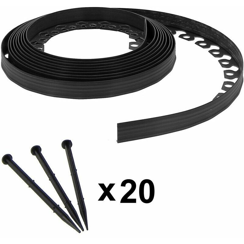 Bordure de jardin flexible noire - 3,8 cm x 10 mètres avec 20 piquets d'ancrage