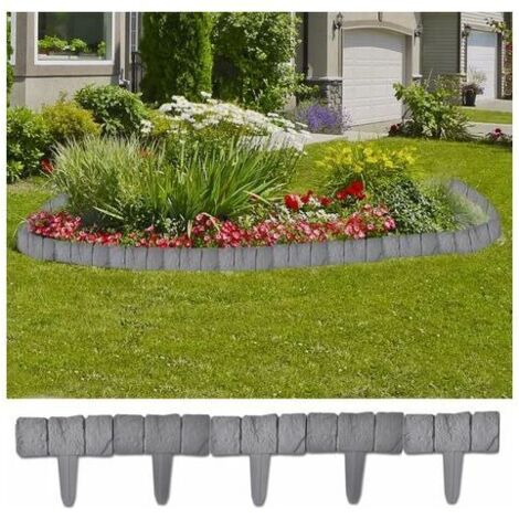 Bordure de jardin imitation pierre 41 pièces 10 m – Plastique gris – Hauteur 22,5 cm avec piquet – Installation facile et sécurisée