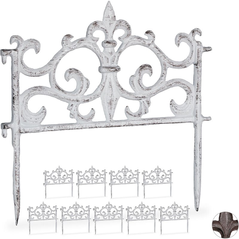 Bordure de jardin, lot de 10, fonte de fer, clôture jardin en métal, piquet plate-bande, antiquités, 27 x 27 cm, blanc