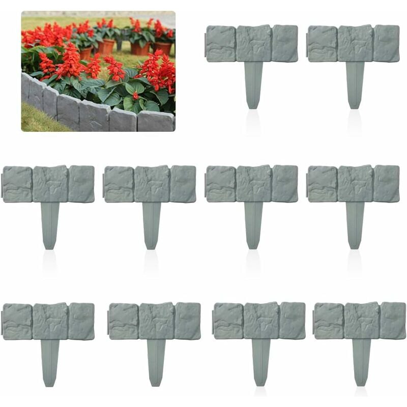 Memkey - Bordure de Pelouse de Jardin, 10 Pcs 2.5M Clôture Bordures de Plantes Pierres Plastique Flexible Gris, Décoratif Bordure de Gazon pour
