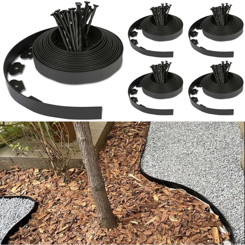 Bordure de pelouse Flexible en Plastique avec 150 piquets de Fixation pour l'ancrage, Bordure de Parterre, Bordure de Jardin, Longueur 50 m, Hauteur