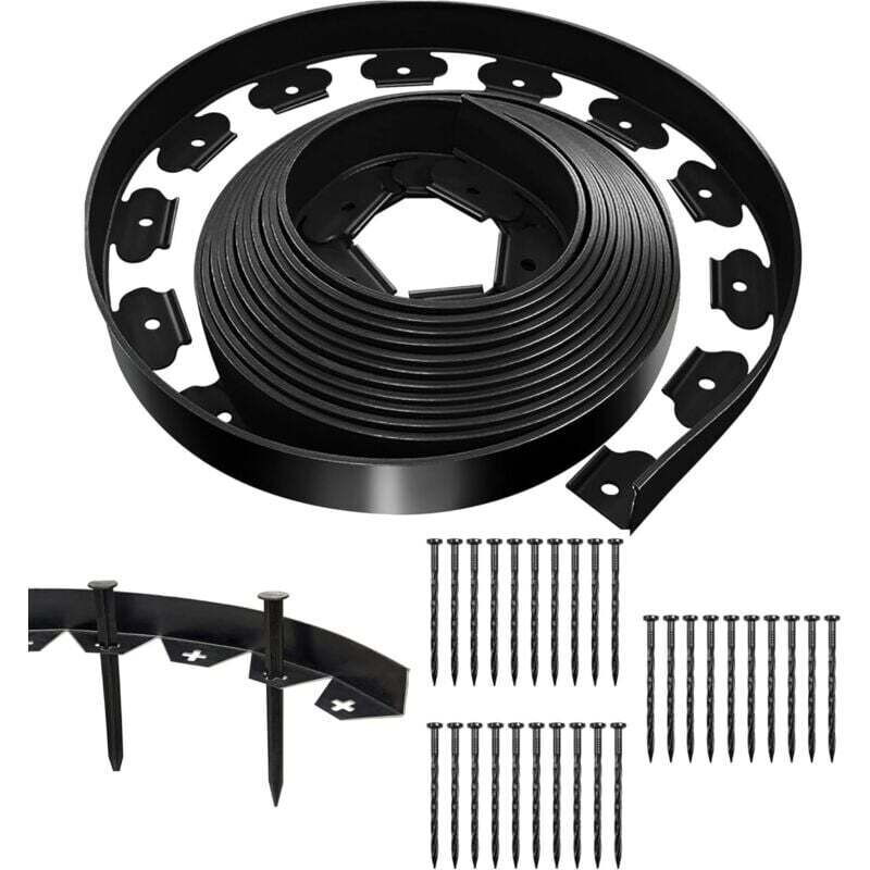Basetbl - Bordure de pelouse flexible noire 10 m x 5 cm avec 30 clous de fixation, bordure de jardin extérieure en plastique, bordure de jardin en