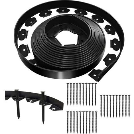 Bordure de pelouse flexible noire 10 m x 5 cm avec 30 clous de fixation, bordure de jardin extérieure en plastique, bordure de jardin en rouleau