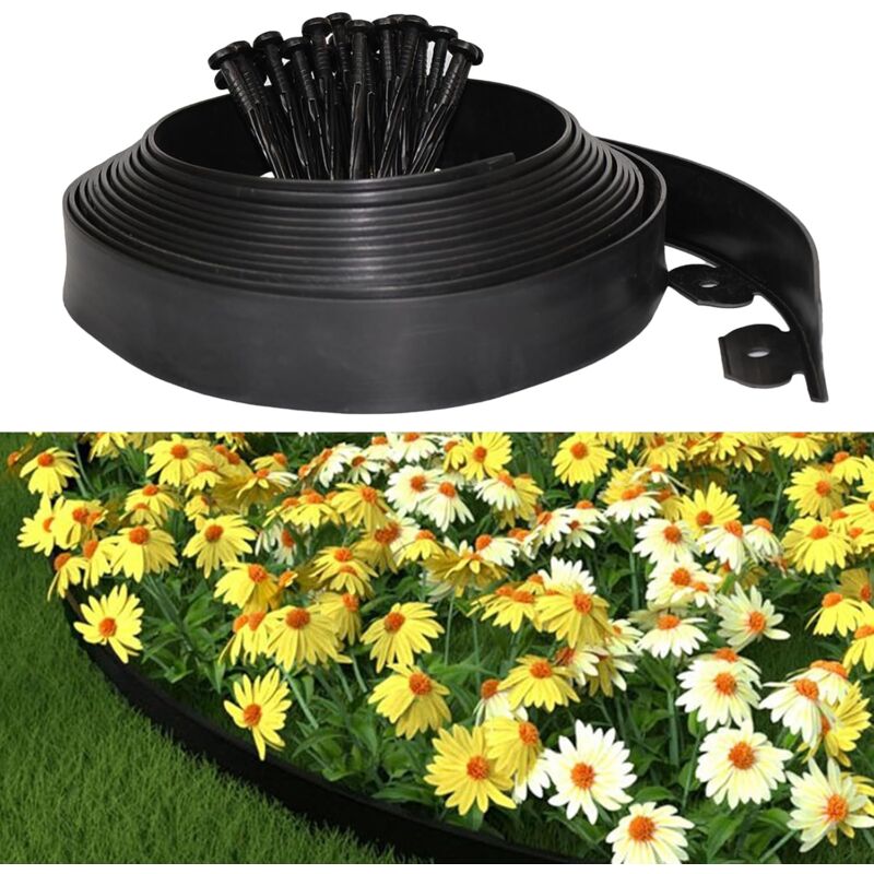 Bordure Jardin Exterieur, Bordure de Jardin Flexible Plastique 5cm x 10m, Comprend 30 Pointes d'ancrage et Une Paire de Gants, Bordures Jardin