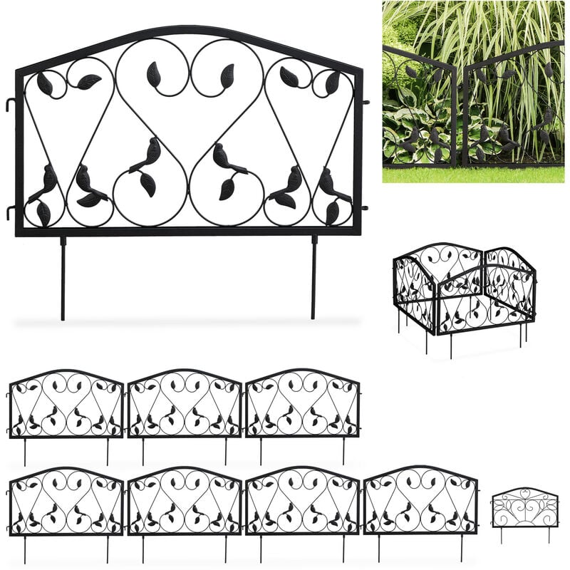 Bordure potager, 8 éléments, clôture jardin, fer, antique, design feuilles, h x l : 33 x 225 cm, noir