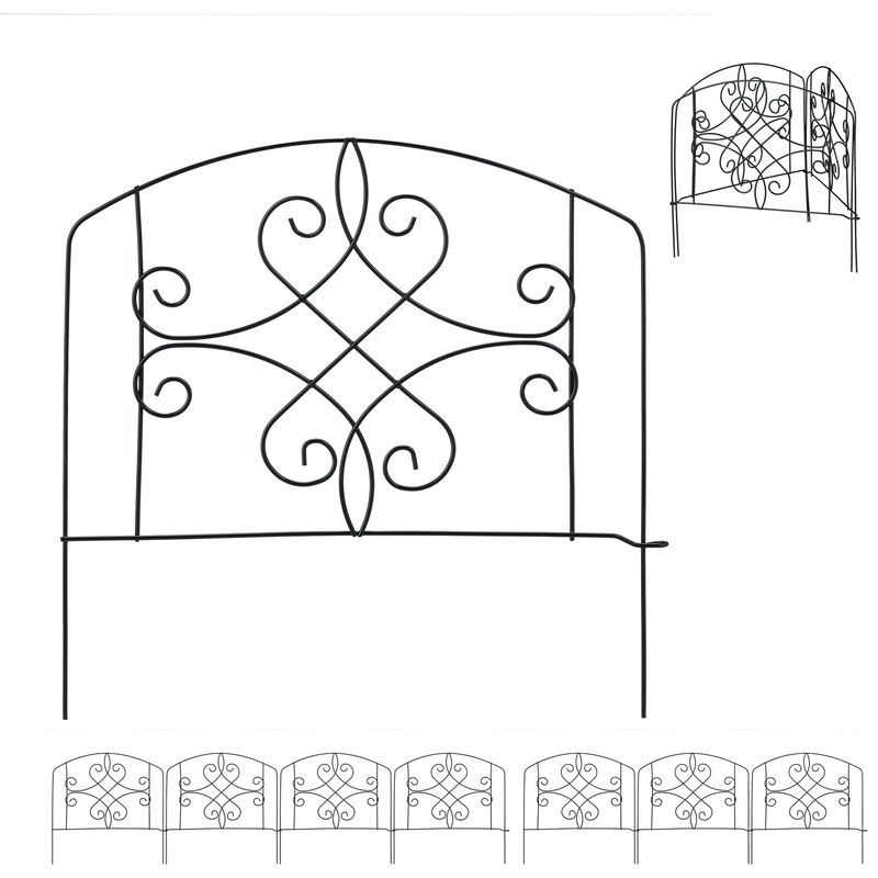 Bordure potager, clôture jardin 8 éléments, métal, ornements antiques, h x l : 32 x 186 cm, noir