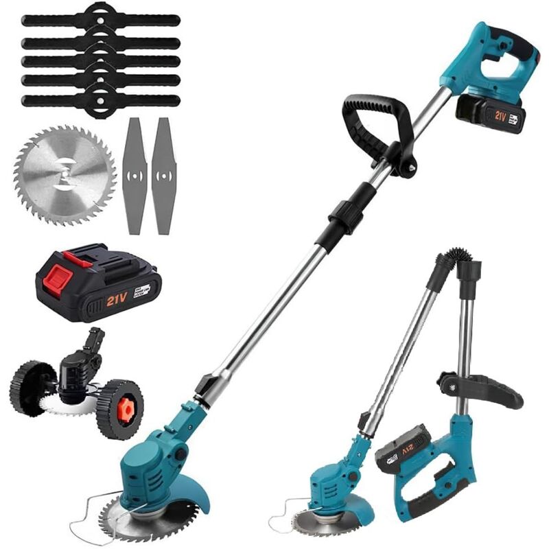 Bordure sans Fil avec Batterie,21V Debroussailleuse Electrique sans Fil, Pliable Coupe Bordure avec 3 Types de Lames, pour Débroussaillage, Cour,