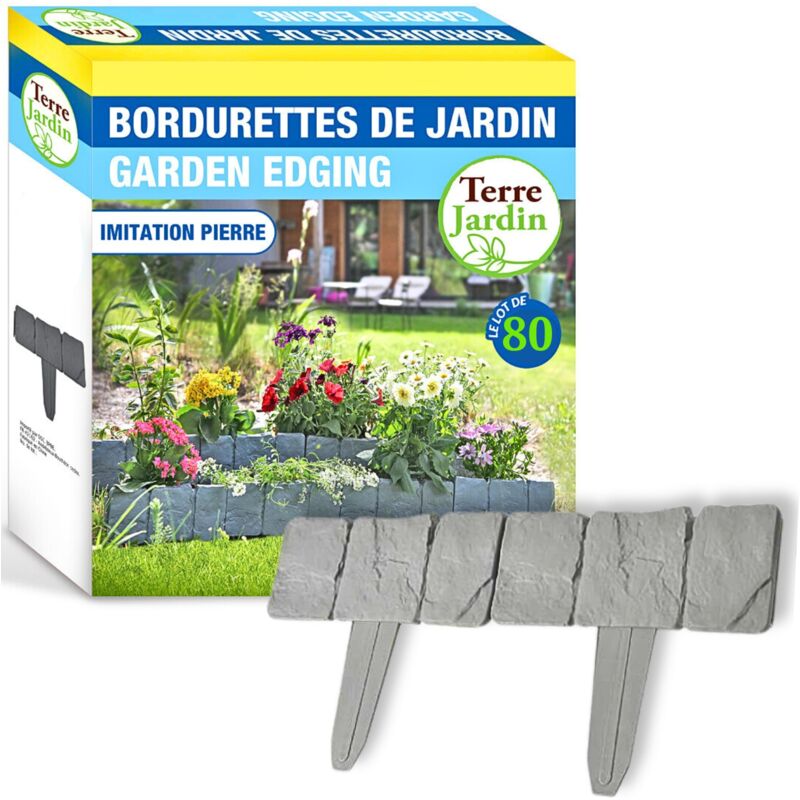 Terre Jardin - Bordures de Jardin Imitation Pierre - 25 x 10 x 1 cm - Séparation Massifs, Potagers et Espaces Extérieurs Lot de 80