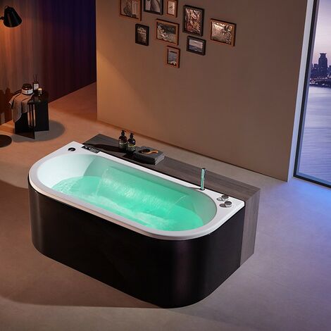 Boreal Sauna – Baignoire balnéo 1 place 180x86 cm – 8 jets d'eau et 30 micro-jets – Design incurvé noir – Chromothérapie LED et Bluetooth