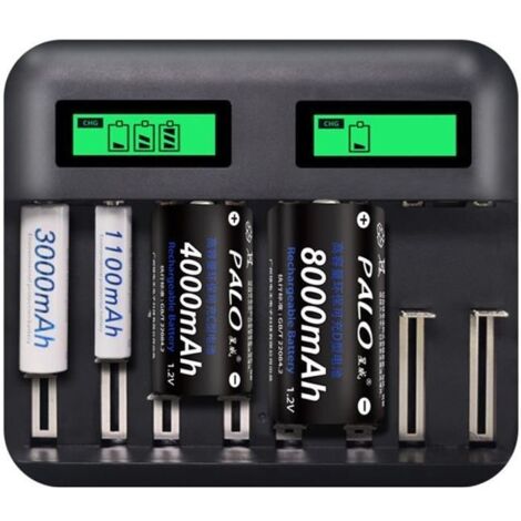 BORLAI® 8 Slots Chargeur AA AAA Piles C D Batterie rechargeable, Chargeur de batterie USB intelligent multifonction LCD