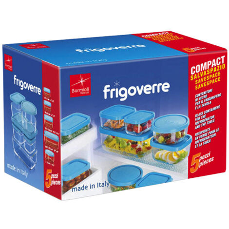 Bormioli Lot de 5 Boites de conservation FRIGOVERRE-(10x7-10x10-10x13-13x21-D 12cm)
