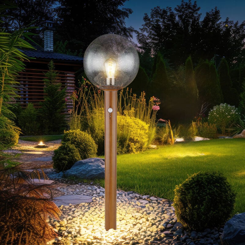 Globo - Lampe de jardin avec détecteur de mouvement Lampe d'extérieur Lampadaire Lampe de terrasse, aspect bois Alu Verre brun,1x E27, DxH 25x100 cm