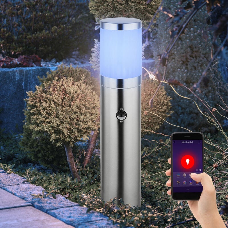 Borne E27 lampadaire patio lumière extérieure détecteur de mouvement étanche IP44, App commande vocale dimmable CCT, 1x Smart RGB LED 10W 806Lm