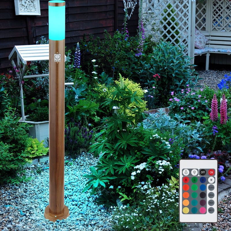 Globo - Borne lumineuse avec détecteur de mouvement extérieur capteur de lampe lampadaire aspect bois, télécommande dimmable, acier inoxydable, 1x