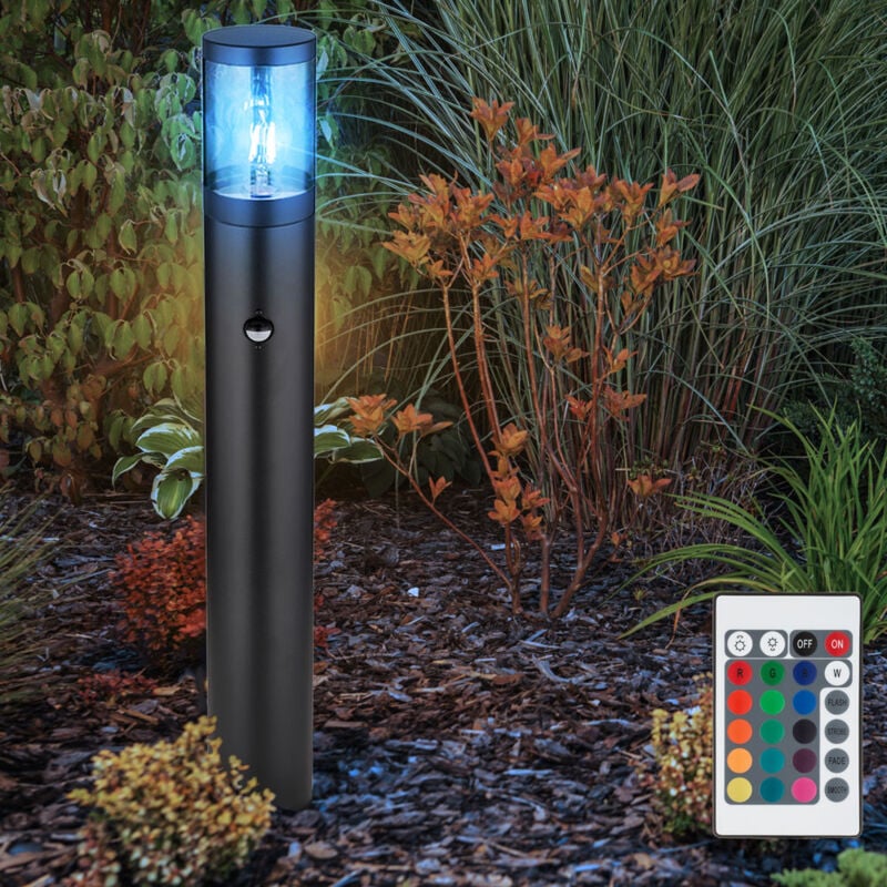 Borne lumineuse avec détecteur de mouvement lampadaire de jardin capteur de lampadaire, télécommande dimmable, fumée noire en acier inoxydable, led