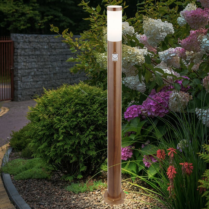 Borne d'éclairage LED avec détecteur de mouvement Lampe d'extérieur sur pied IP44 Lampe de jardin aspect bois, résistante aux intempéries, moderne,