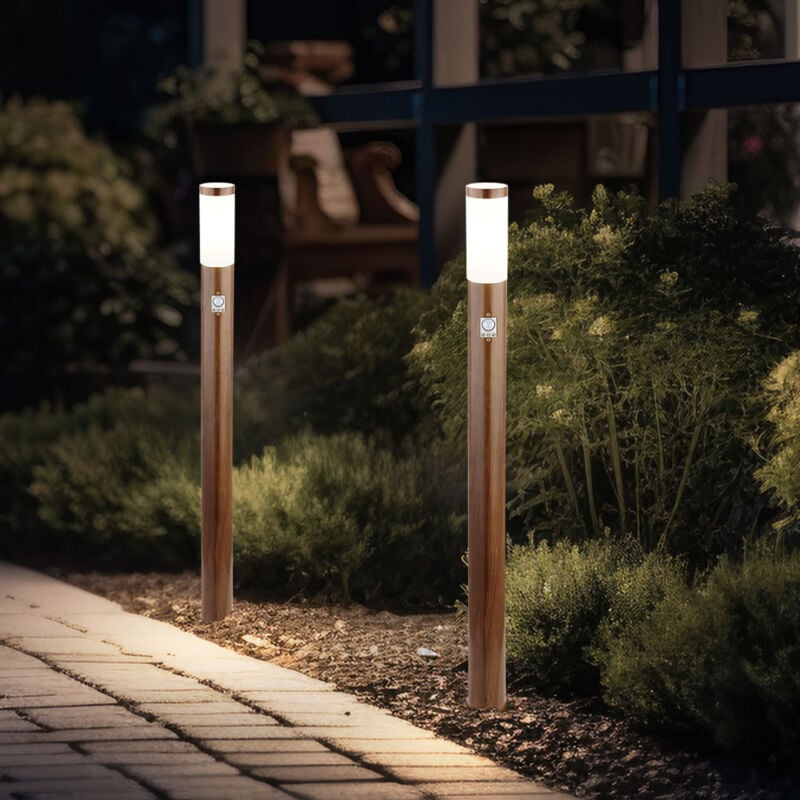 Borne lumineuse avec détecteur de mouvement lampe d'extérieur lampadaire IP44 lampe de jardin aspect bois, résistant aux acier inoxydable brun opale,