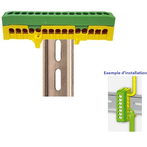 MM_UNVERIFIED_BRAND Bornier Barrette Vert-jaune isolée - 63A - 15 trous ( 15x16 mm² ) montage rail din