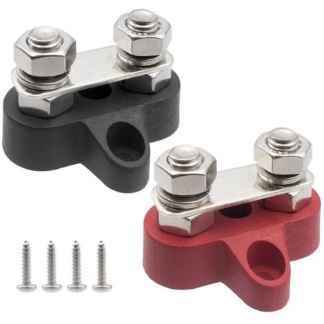 Bornier de barre omnibus Bloc de jonction de Mise à la Terre de l'alimentation par Batterie Goujons Doubles M8 Bornes Robustes de 5/16" pour bateau, RV et camions solaires - Noir et rouge