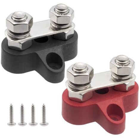 Bornier de barre omnibus Bloc de jonction de Mise à la Terre de l'alimentation par Batterie Goujons Doubles M8 Bornes Robustes de 5/16" pour bateau, RV et camions solaires - Noir et rouge