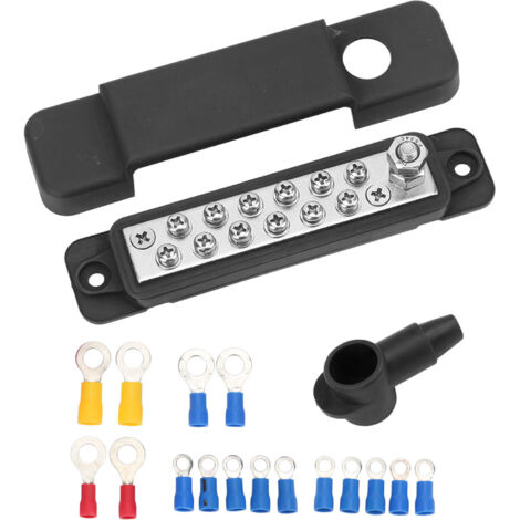 Bornier de Batterie, Bornier de Barre Omnibus 12 V, Bloc de Distribution 12 Bornes 180 A Barre Omnibus D'alimentation Marine avec 16 Bornes Annulaires pour Voitures, Camping-cars, (Noir).